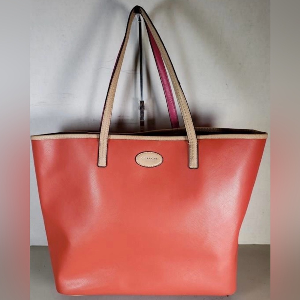 COACH Metro Silver/Vermillion F31326 Leather Tote Bag
